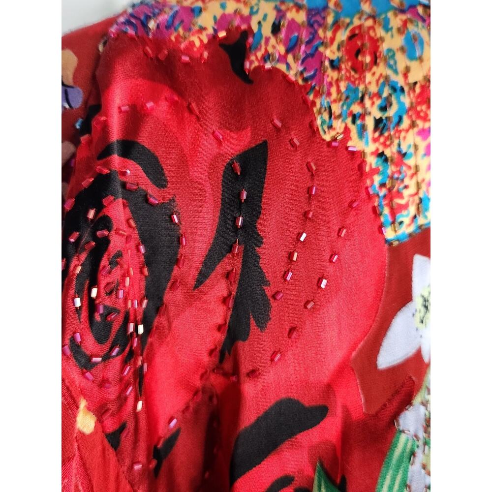 Aria A Vintage Beaded Tassels Silk Blend Floral Kimono Red Multicolor Gipsy Boho - Picture 4 of 9
